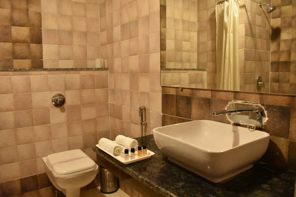 Separate tub and shower, hair dryer, slippers, towels