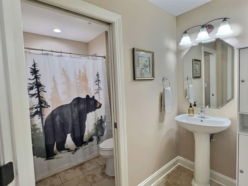 Guest bathroom with pedestal sink and bear-themed shower curtain.
