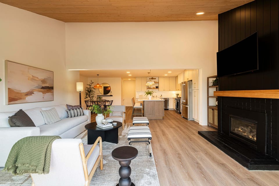 Open Living Room with New Furnishings, TV, Gas Fireplace