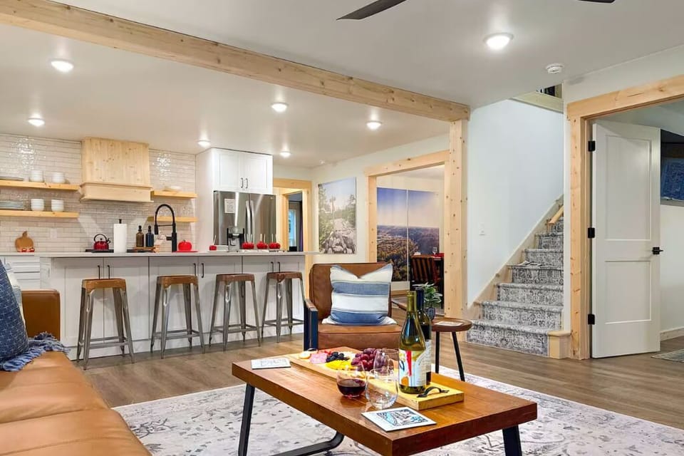 The living room opens up to the kitchen.