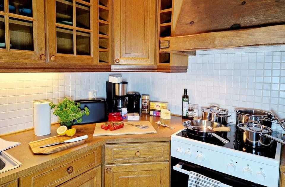 Everything you need for coffee or tea, and to cook meals.