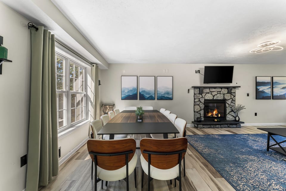 The dining room table has lots of seating for the whole family
