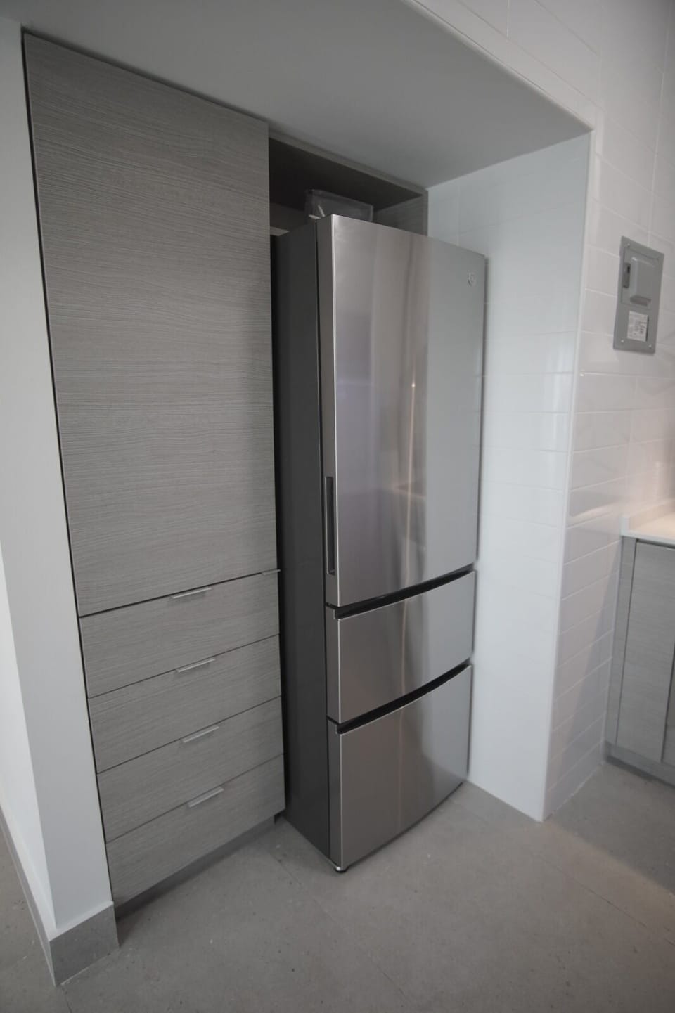 Full size refrigerator with pantry, pots pans and silverware, small appliances .