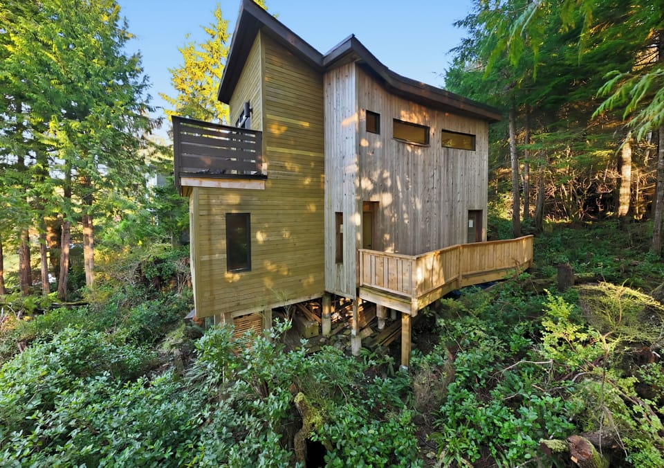 A sunny bird’s-eye view of the property in Ucluelet.