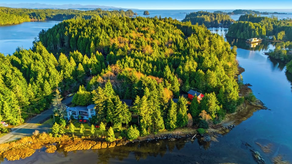 The suite from above, nestled in a quiet coastal setting.