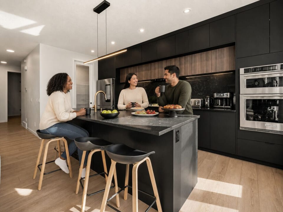 Contemporary kitchen featuring black cabinetry, island seating, and premium stainless steel appliances