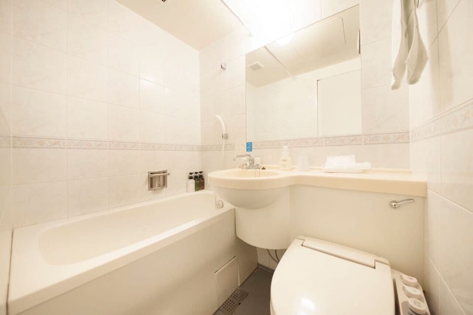 Combined shower/tub, hair dryer, slippers, towels