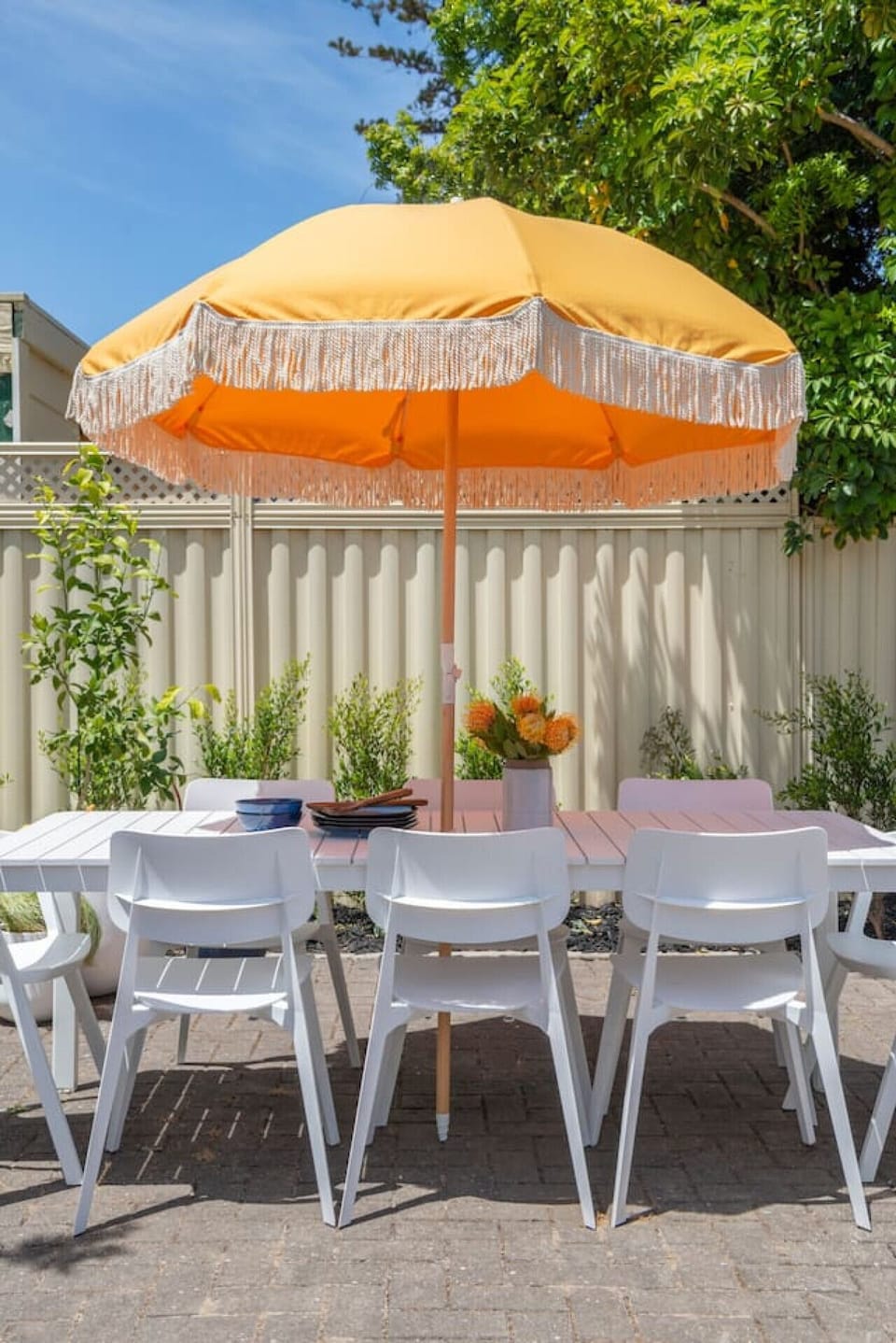 Dine outdoors in the private courtyard, perfect for long lunches and warm evenings after time at Glenelg Beach.
