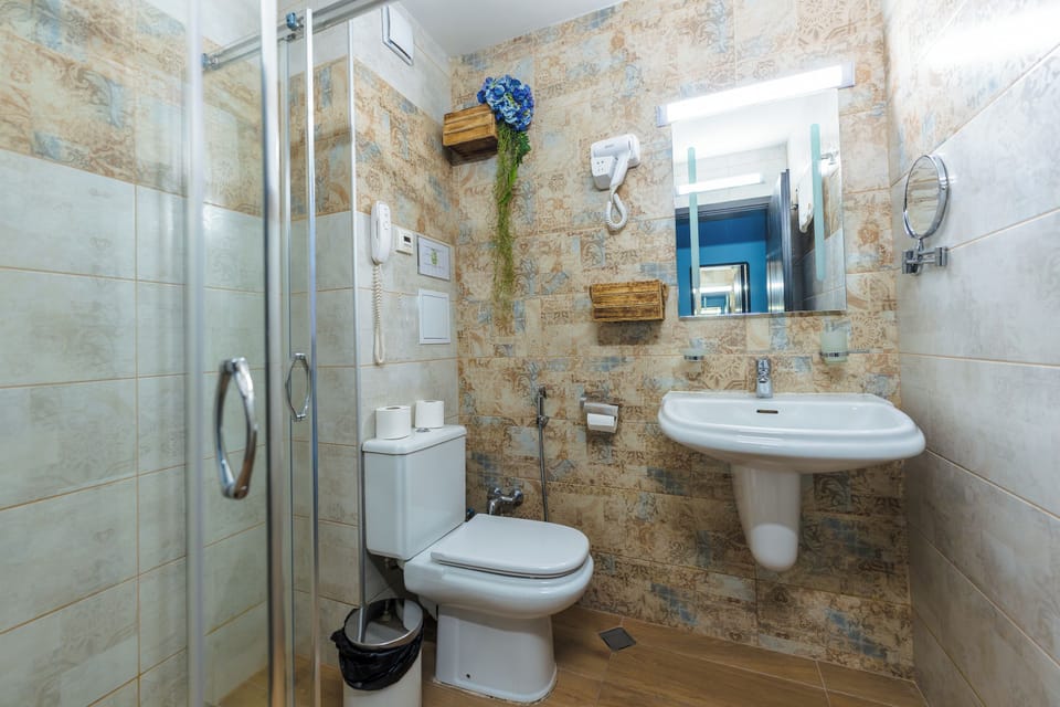 Shower, hair dryer, bathrobes, slippers