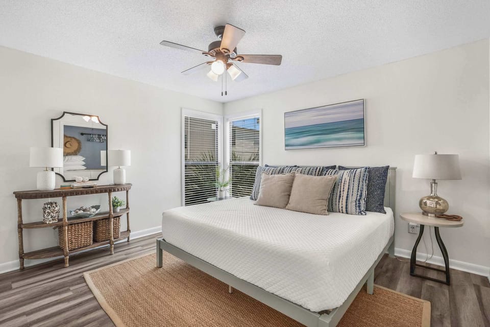 The primary bedroom offers a king bed.