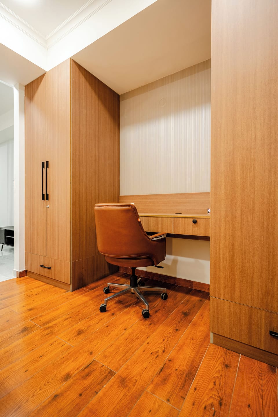 Premium bedding, desk, laptop workspace, blackout drapes