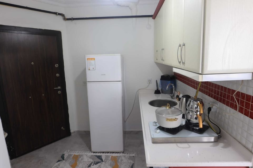 Full-size fridge, stovetop, cookware/dishes/utensils