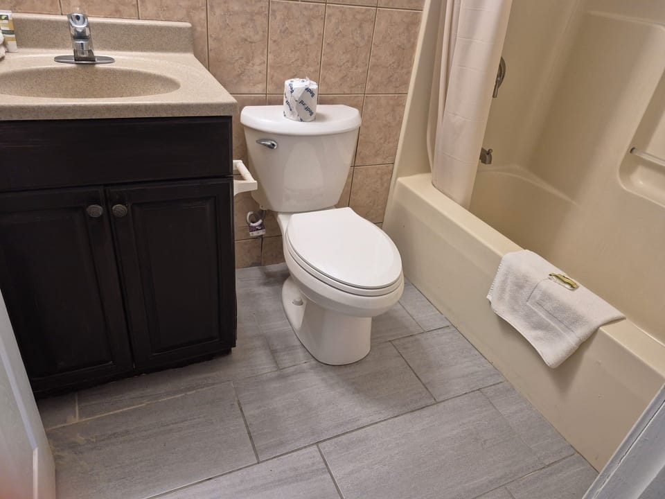 Standard Room, 2 Double Beds | Bathroom | Hair dryer, towels