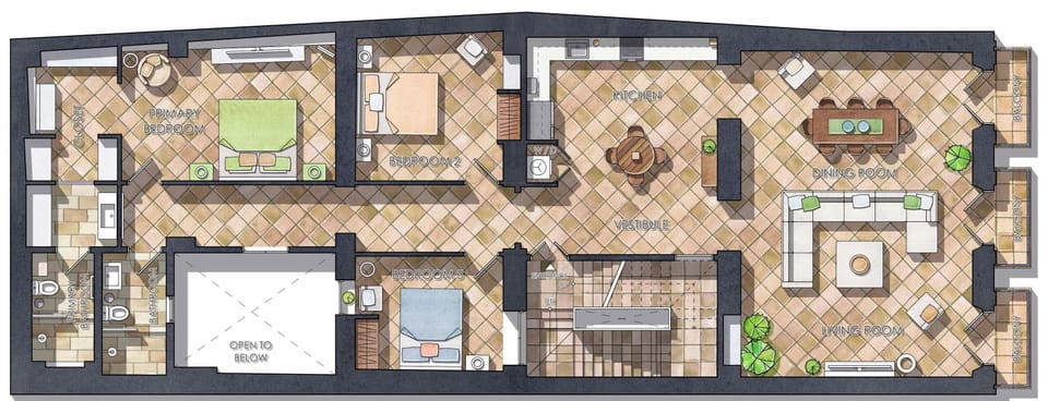 Well-designed layout with shared spaces and private, comfortable bedrooms.