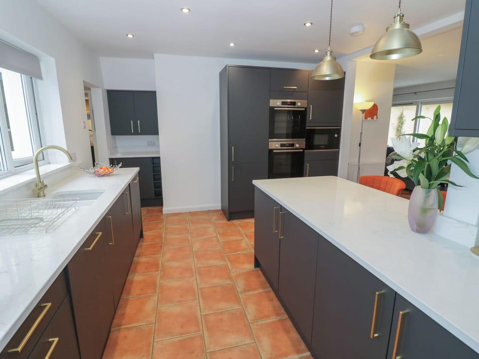 Fridge, microwave, dishwasher, cookware/dishes/utensils