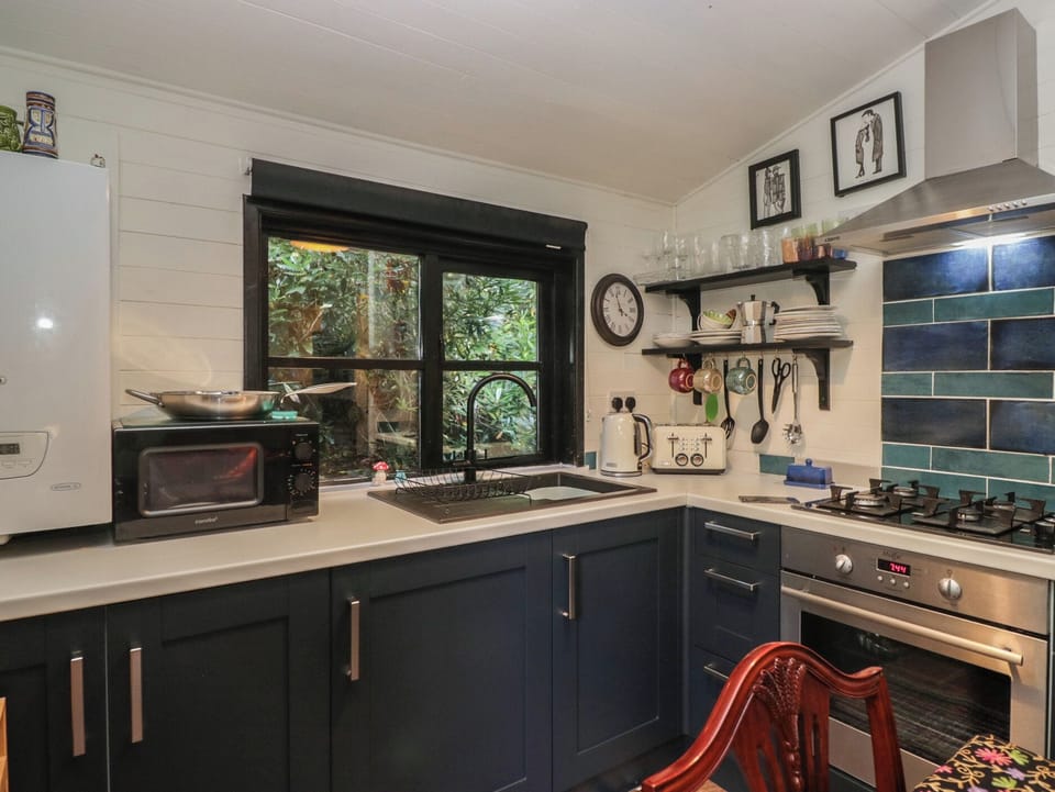 Fridge, microwave, toaster, cookware/dishes/utensils