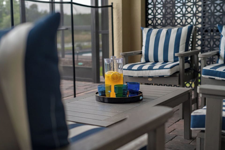 Relax and enjoy a drink while spotting wildlife on the preserve we back up to.