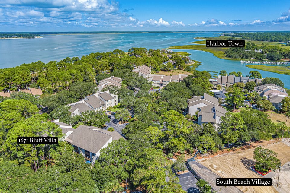 Aerial view of 1671 Bluff Villa — tucked beneath the trees and just steps from the water.