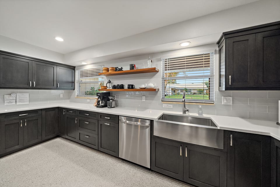 Your kitchen is fully equipped, including a cute coffee bar station.