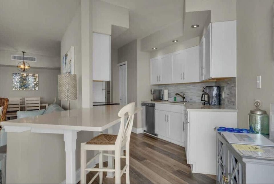 Well stocked kitchen for dining in. 