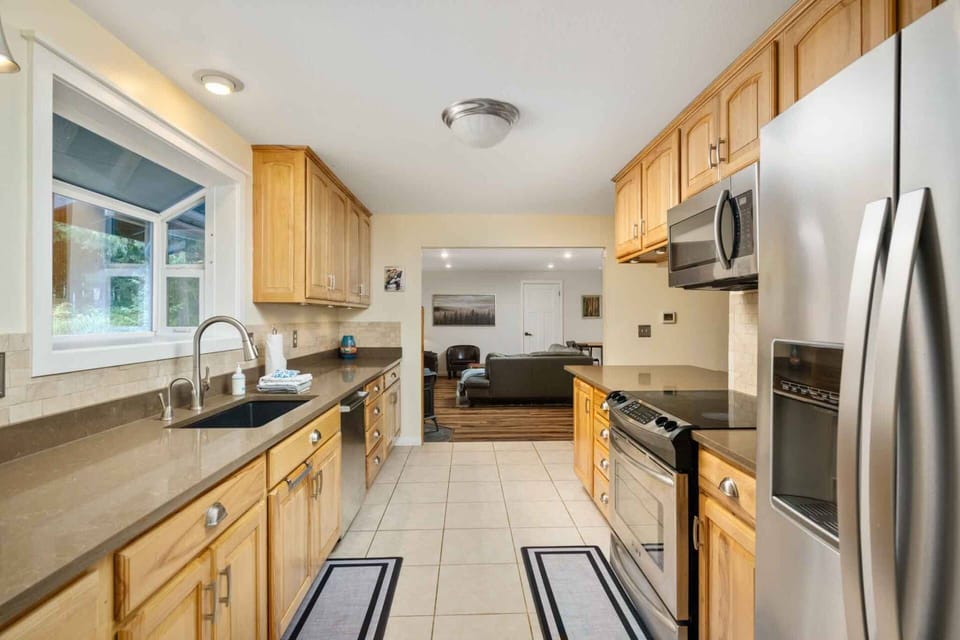 The kitchen has ample counter space and up to date appliances.