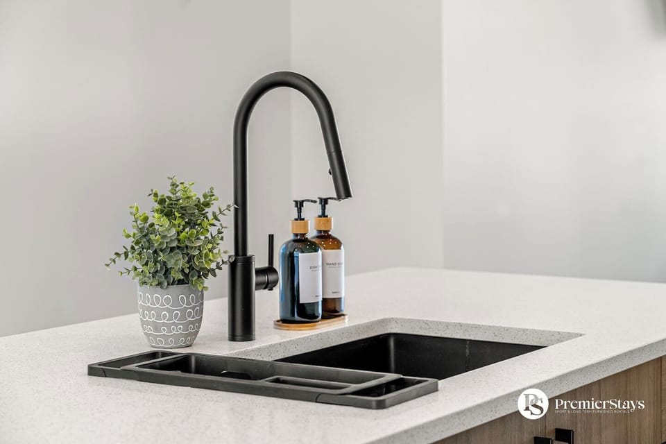 Modern kitchen sink area with pull-down faucet and decorative touches