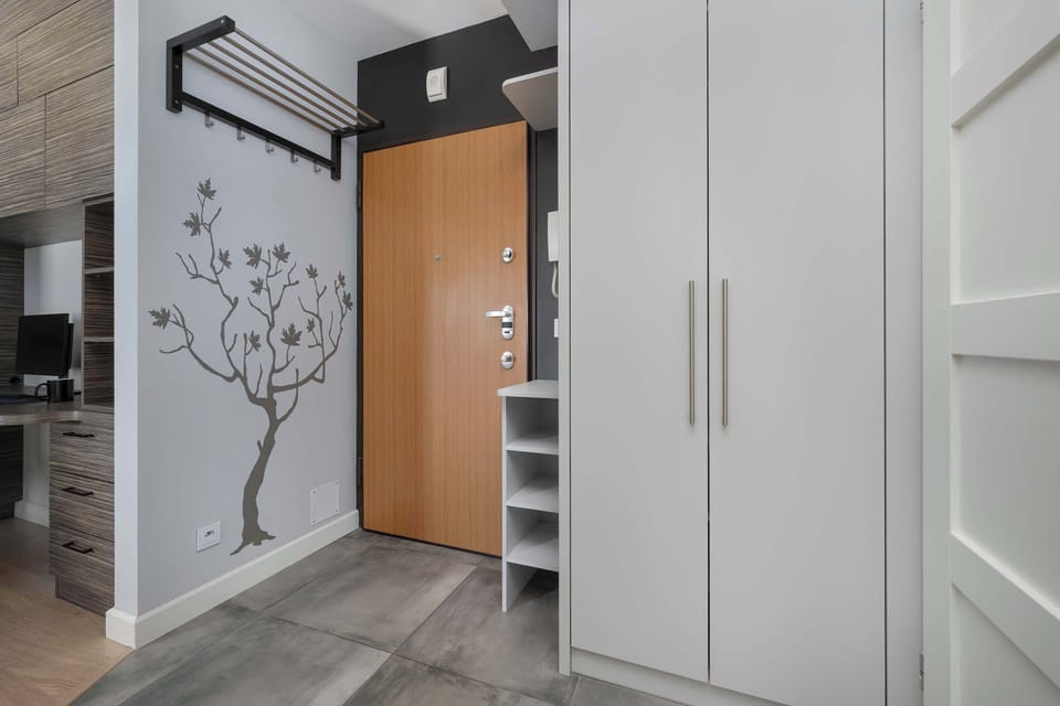 A hallway with large wardrobes providing ample storage space. Modern décor complements the functional design.