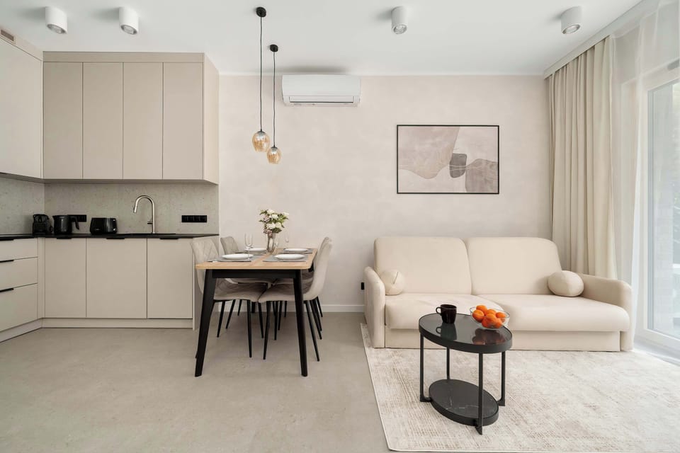 The living area features a sleek coffee table and a flat-screen television.