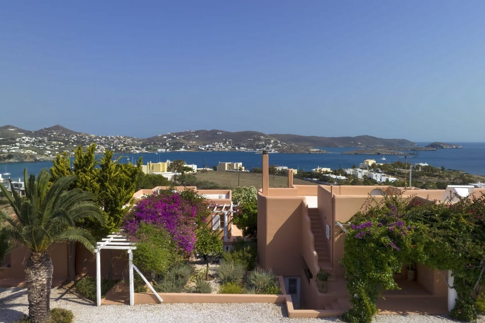 Between the main house and the guesthouses is a shady area of garden. Steps lead up to the roof terrace of the main house.