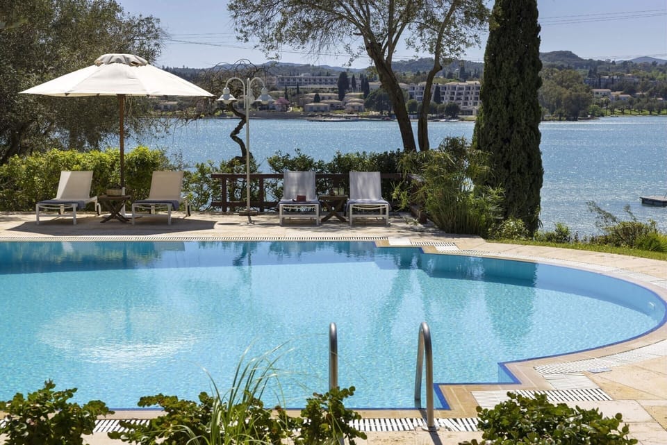 Views out over the pool to Gouvia Bay.