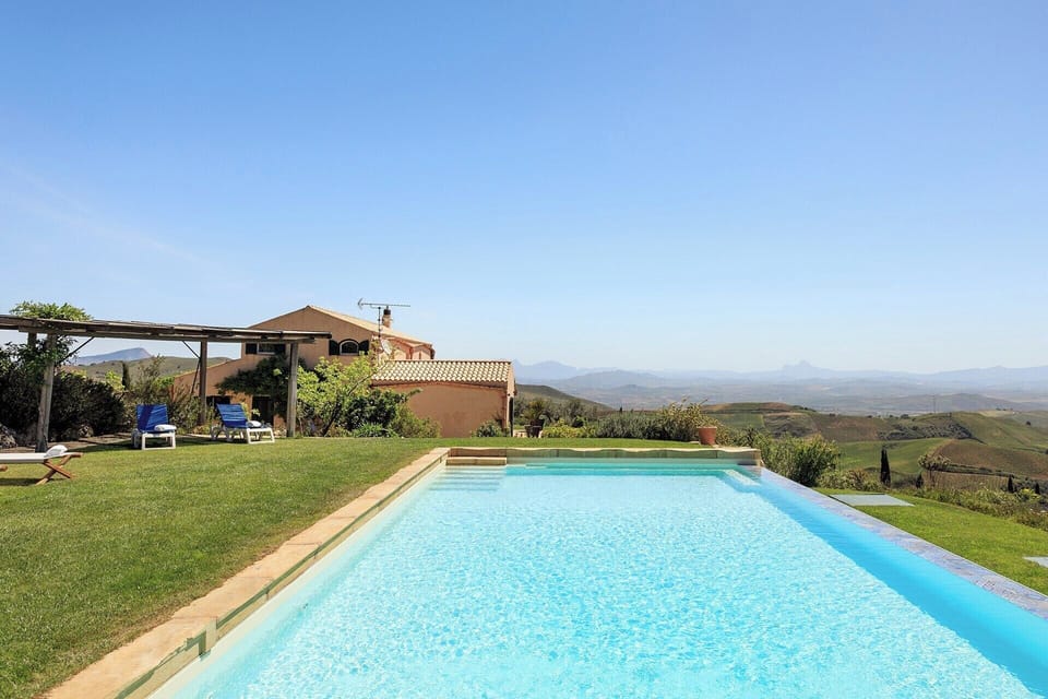 Looking from the lawned pool area towards the house.