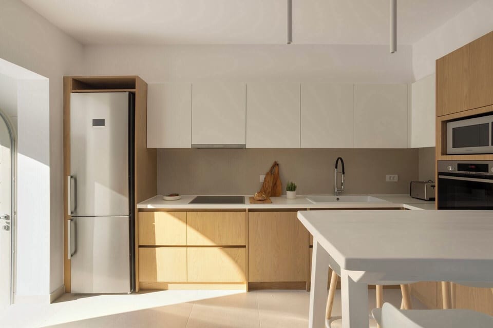 The kitchen seen from the dining area.