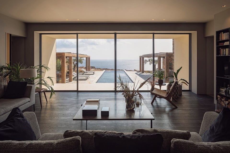 The living room in Enyalos's main house has a mellow atmosphere and super views.