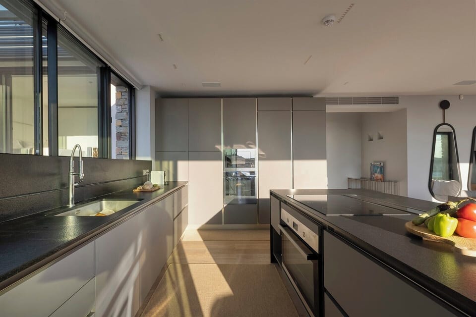 A sleek, well-equipped contemporary kitchen serves the main house's dining area.