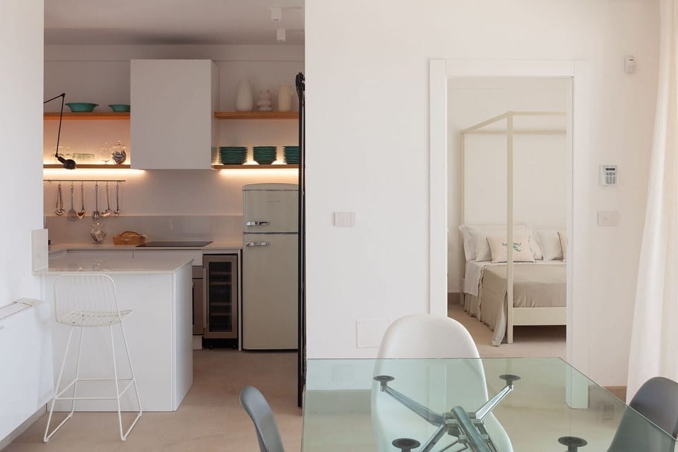 Looking through to the kitchen and the first bedroom.