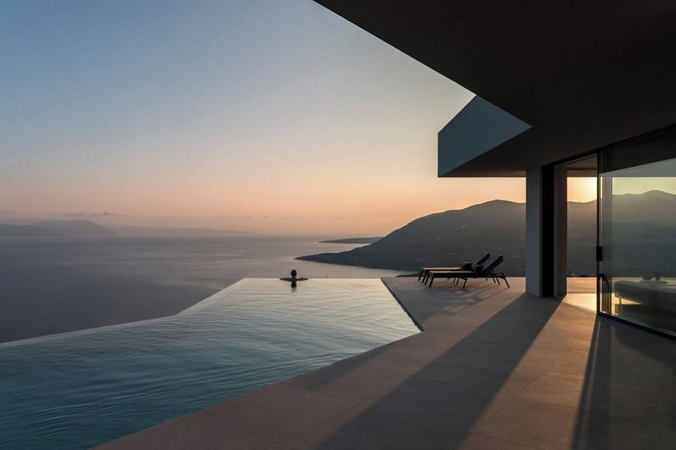 Breathtaking views from Oikos Nostos's 20m-long infinity pool.