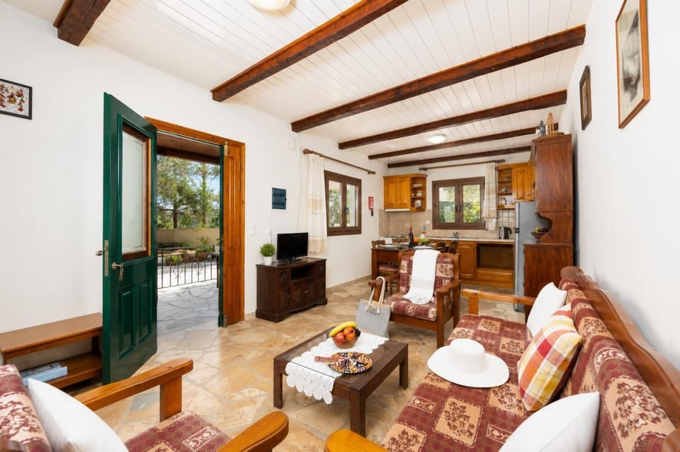 Open-plan living room with sofa, dining area, kitchen, WiFi internet, and satellite TV