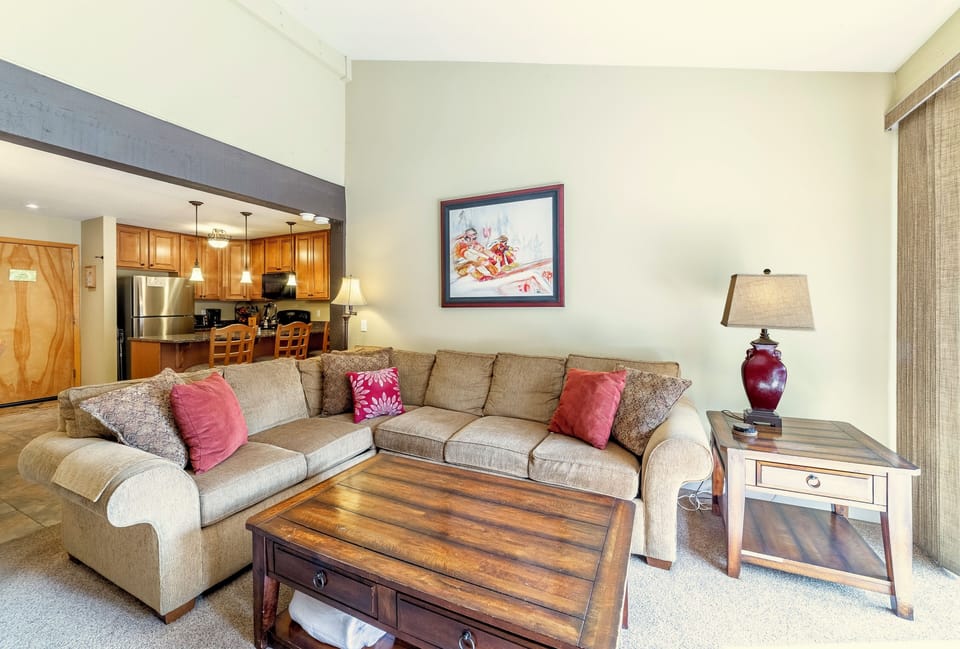Living room has queen sized sleeper sofa.