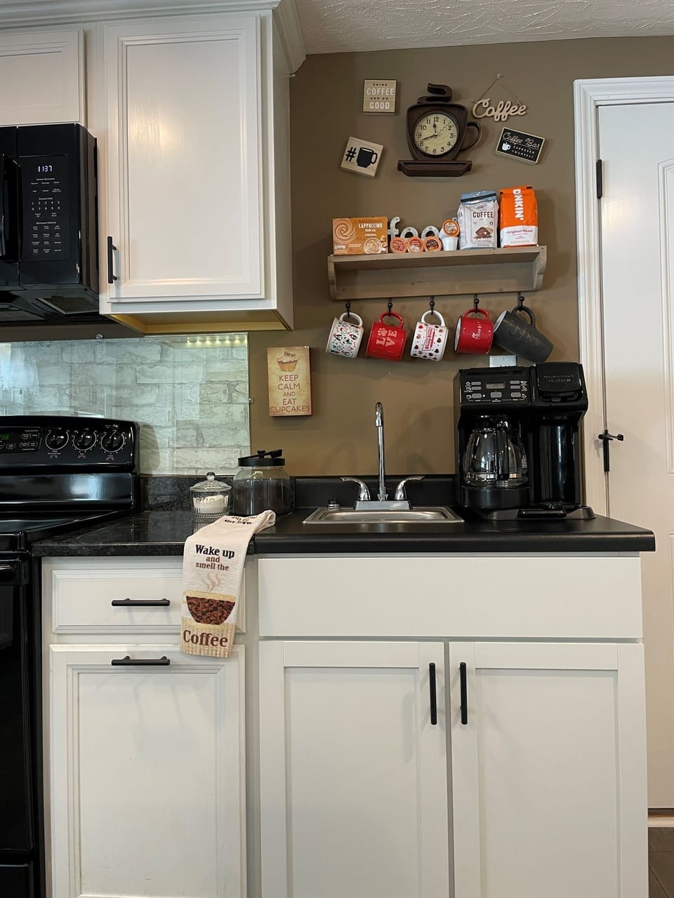 Because every great day begins with a good cup of coffee. Coffee station with starter pods and fresh grounds provided.