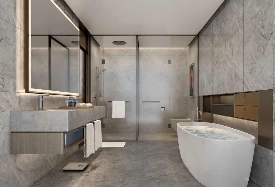 Separate tub and shower, rainfall showerhead, hair dryer, bathrobes