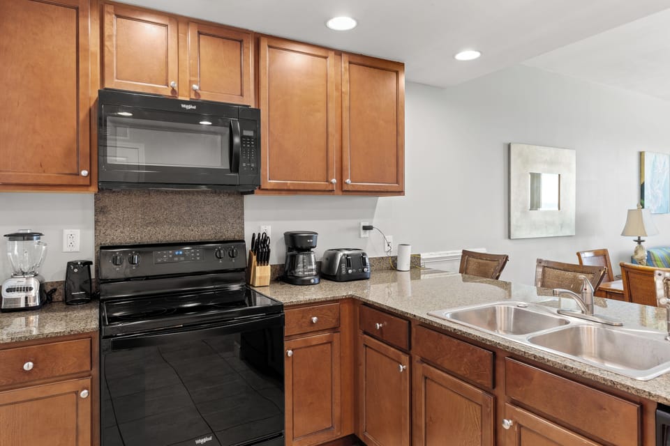 Fully stocked kitchen.
