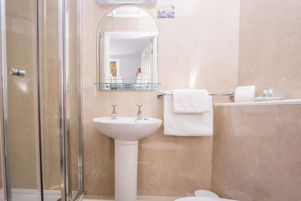 Combined shower/tub, free toiletries, hair dryer, towels