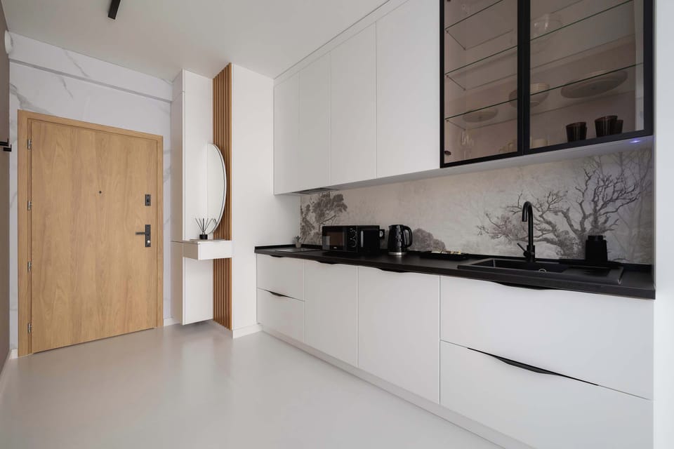 Another angle of the kitchenette highlighting the countertop space.