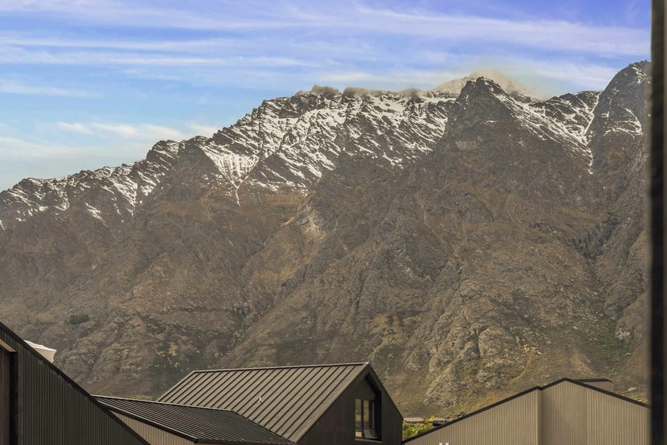 Close-up view of The Remarkables mountain range from the living room balcony
