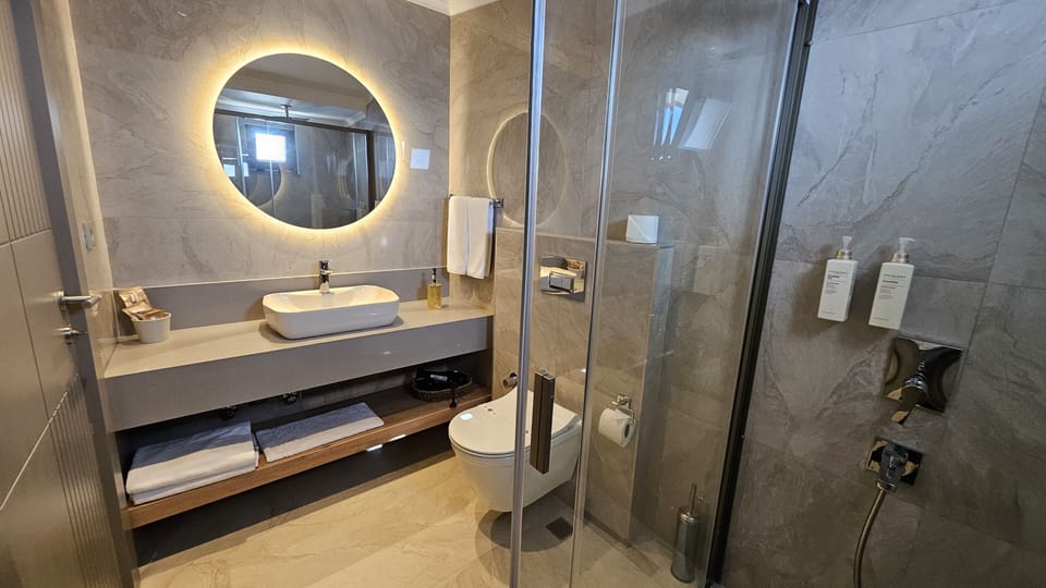 Panoramic Sea View King Suite | Bathroom | Shower, rainfall showerhead, eco-friendly toiletries, hair dryer
