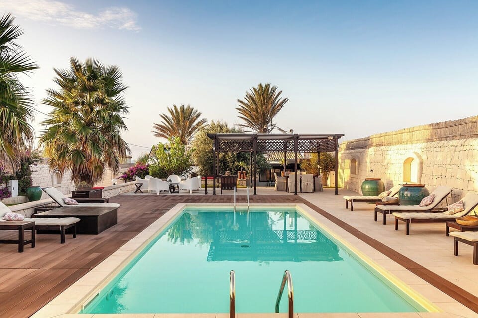 The pool area seen during the day.