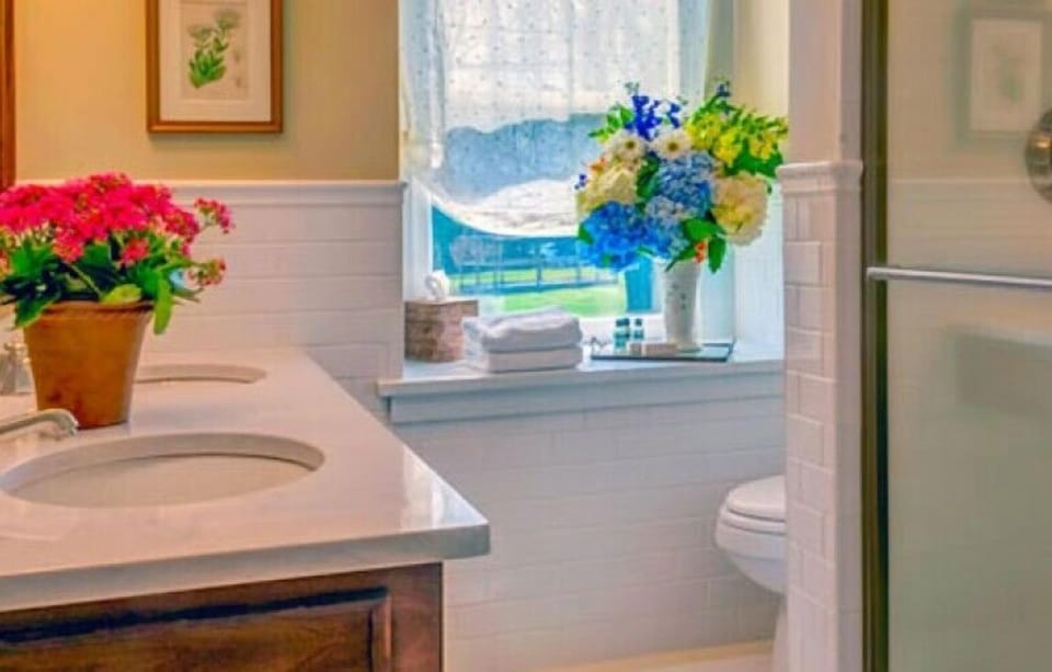 Designer toiletries, hair dryer, towels