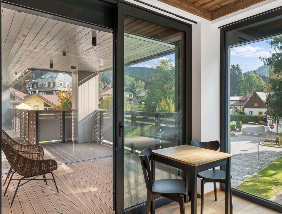 Wood, Wood Flooring, Hardwood, Deck, Wood Stain, Balcony, Eco Hotel, Porch, Glass, Home Door