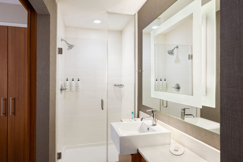 Shower, free toiletries, hair dryer, towels