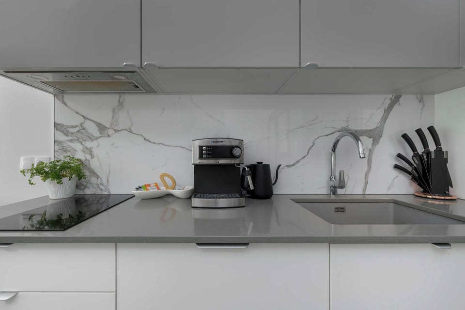 Kitchenette fully equipped with oven, hob, kettle, and coffee machine.